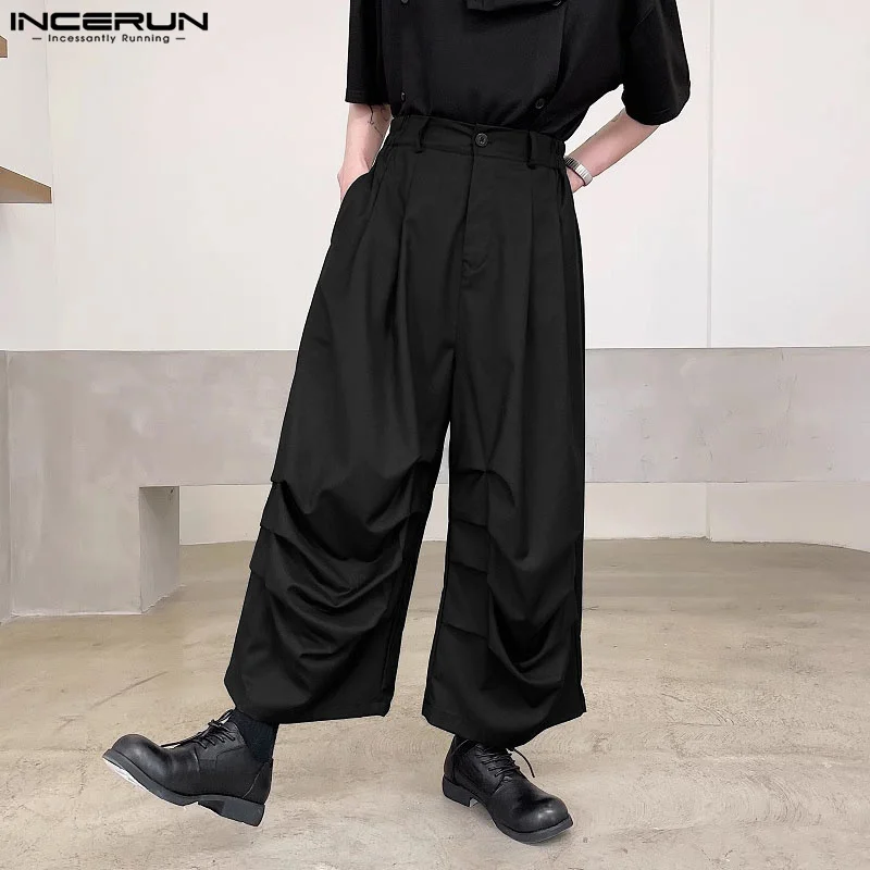 

INCERUN 2023 Korean Style New Mens Fashion Long Pants Wide Leg Pleated Design Pantalons Leisure Solid Comfortable Trousers S-5XL
