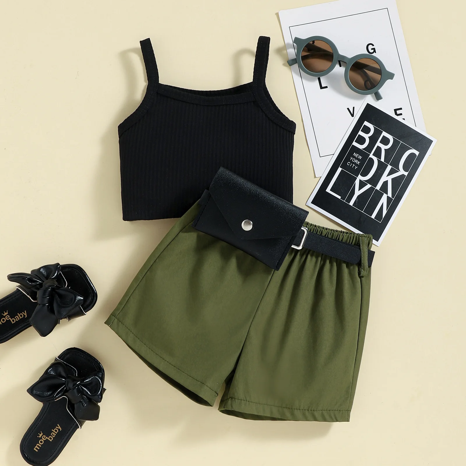 

Baby Girl Clothes Infant Fashion Outfits Toddler Solid Suspender Top + Shorts + Waist Bag 3pcs Set Children Summer Clothing Sets