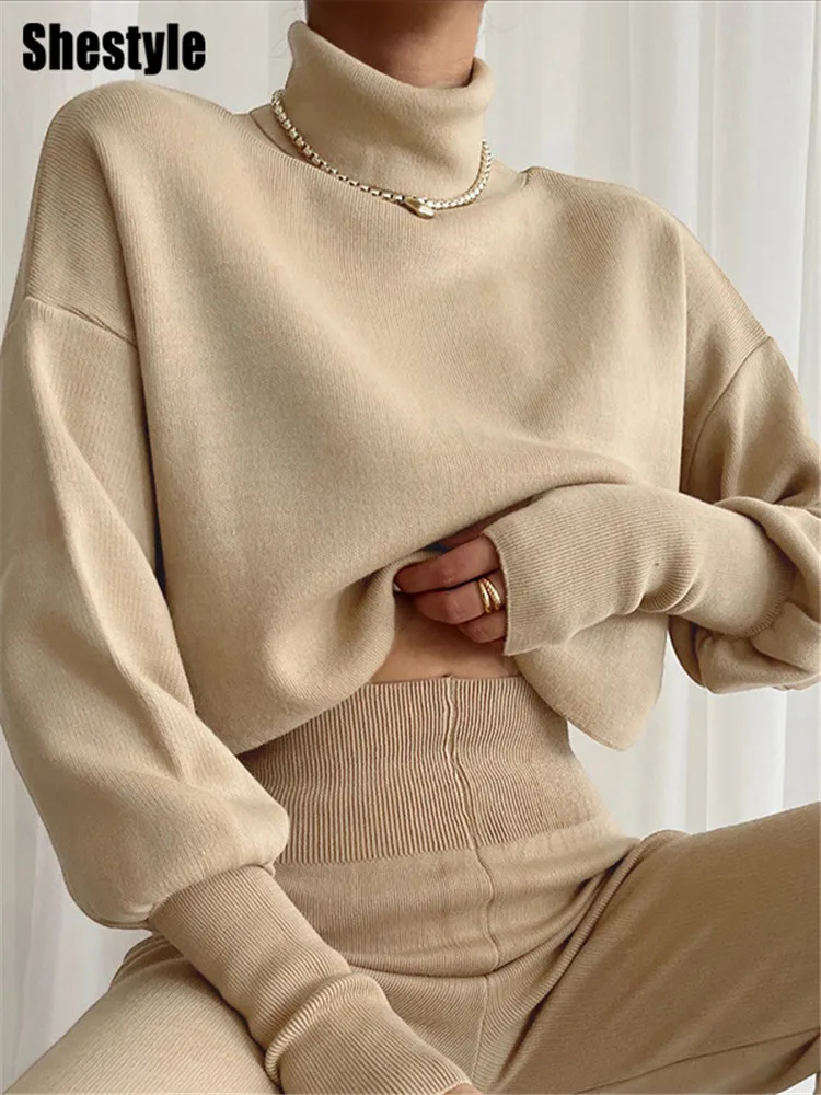 

Shestyle Turtleneck Knitted Sweater Casual Loose Lantern Sleeve Hand Cut Harajuku Short Crop Tops Pullover Streetwear Elegance