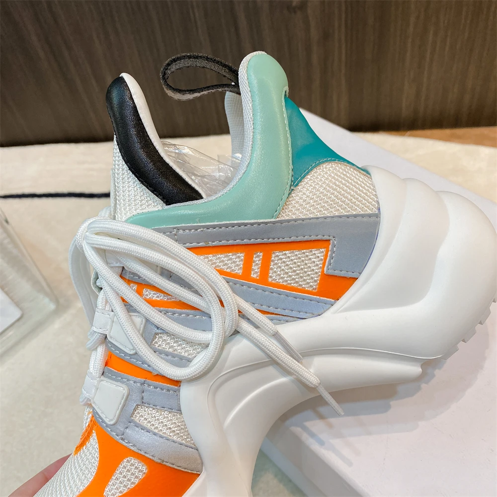 Women Platform Arched Shape Vulcanize Sneakers Height Increasing Breathable Mesh Mixed Color Lace-Up Running Shoes Woman Shoes