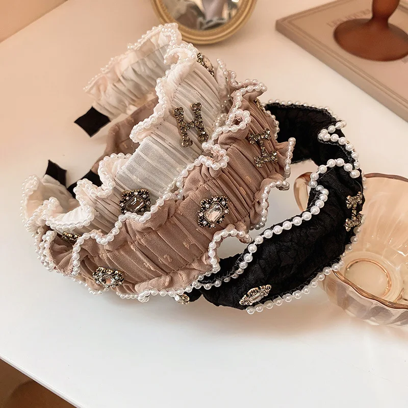 

Minar Korean Fashion Multicolor Pleated Cloth Wide Headband for Women Shiny Rhinestones Letter Pearl Hairbands Hair Accessories