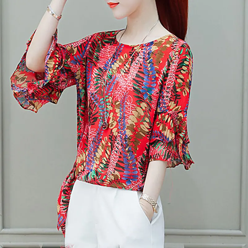 Female Clothing Commute Bandage Bow O-Neck Shirt Summer Fashion Ruffles Patchwork Blouse