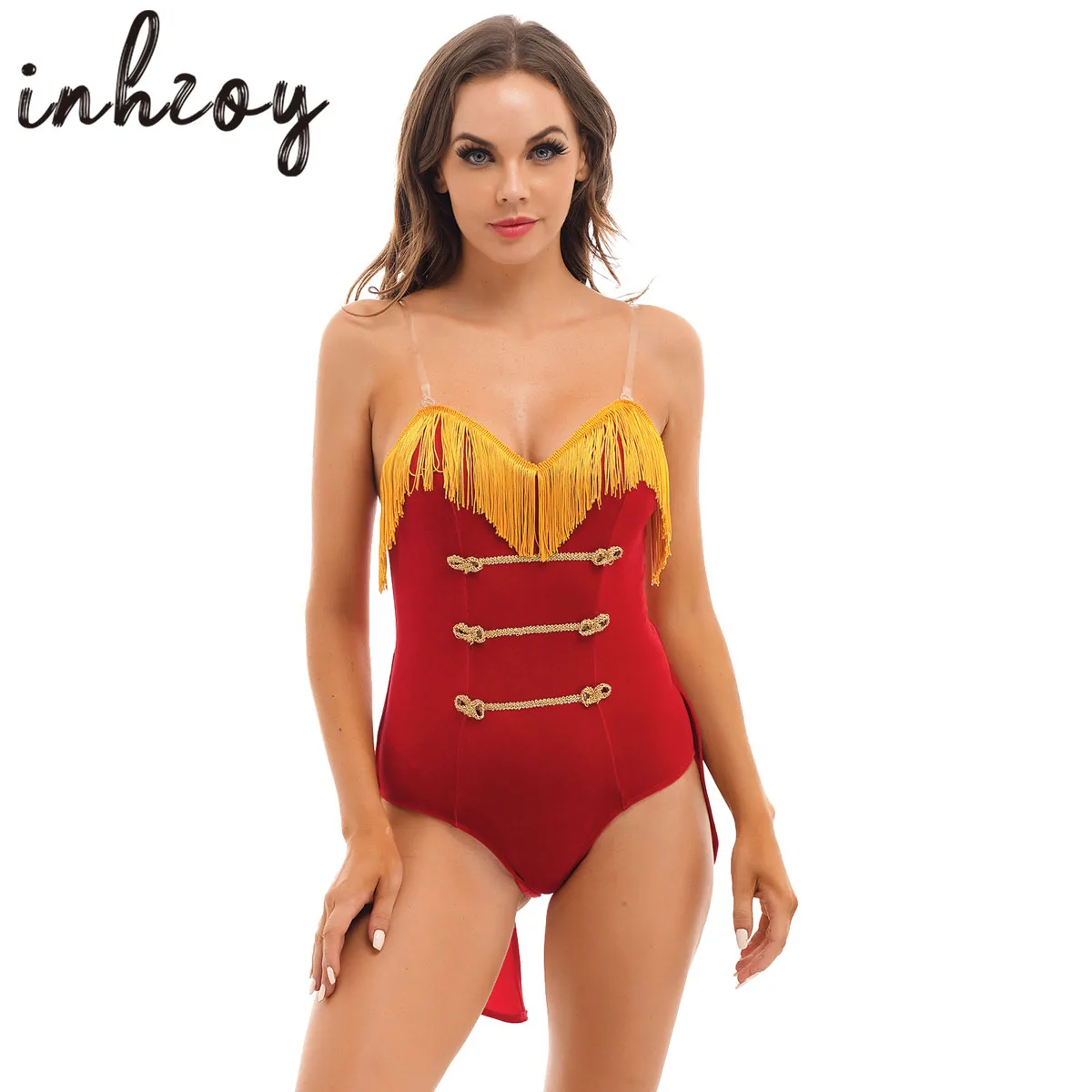 

Womens Circus Ringmaster Costume Halloween Cosplay Tassel Leotard Bodysuit Swallow-Tailed Catsuit Carnival Party Jumpsuit