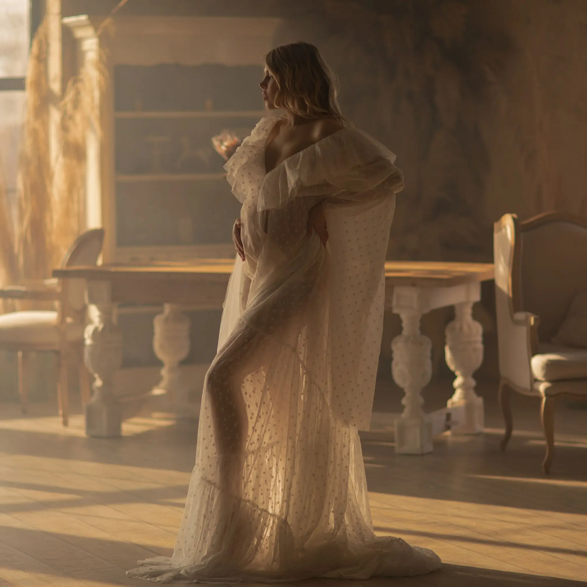 

Тюлевое платье для беременных в горошек, платье для фотосессии, платье с оборками и открытыми плечами, платье для будущей матери с длинными рукавами, платье невесты