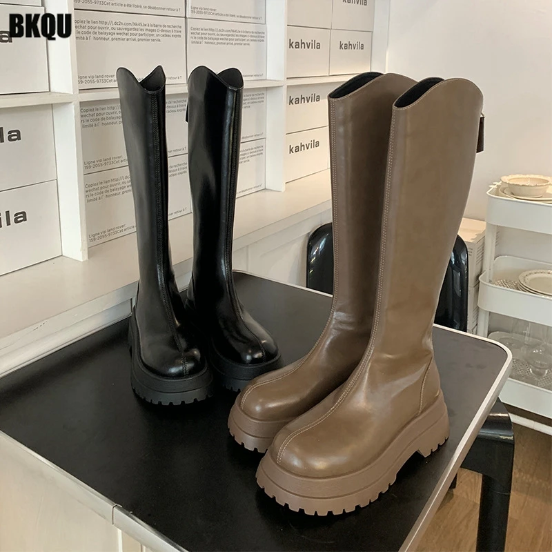 

Women Knee High Boots Round Toe Fashion Western Knight Boots 2022 Winter Platform Thick Heels Ladies Zipper Casual Knight Boots