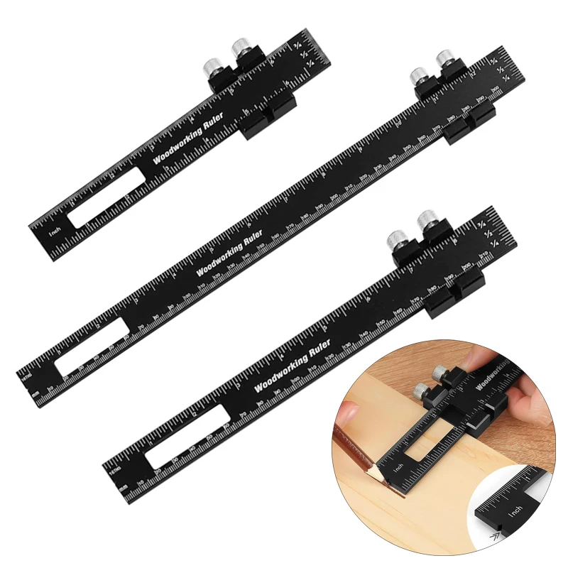 

3PC Woodworking Ruler Multifunctional T-ruler Metal Slide Stop Marking Measuring Scribing Ruler Inch&Metric Caliper Square Ruler