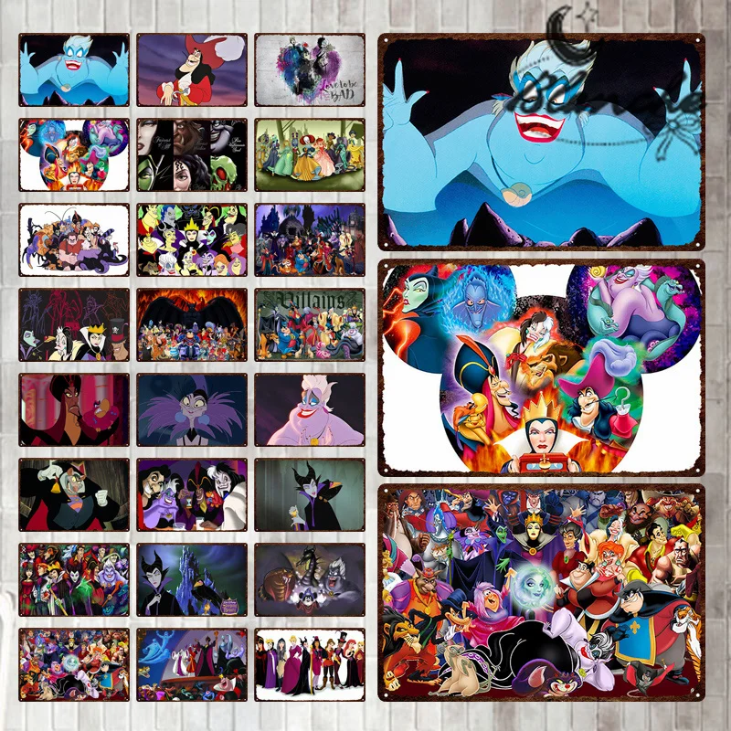 

Disney Villains Gang Anime Bad Metal Sign Tin Iron Plate Painting Cartoon Black Art Pictures For Living Room Home Decoration