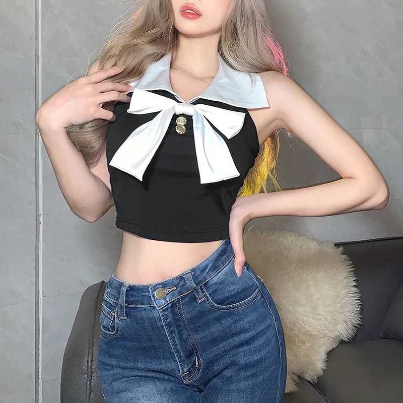 

Black and white contrast color bow cute age-reducing college style vest women's short top T-shirt