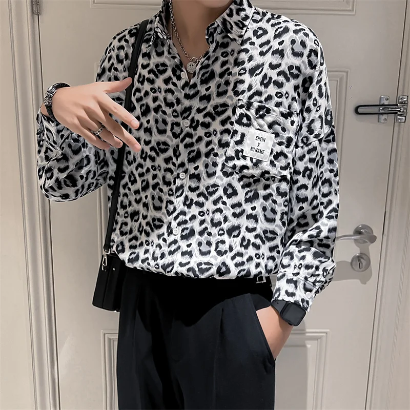 2022 New Fashion Leopard Shirts for Men Long Sleeve Loose Casual Shirt Social Nightclub Streetwear Camisa Masculina Men Clothing