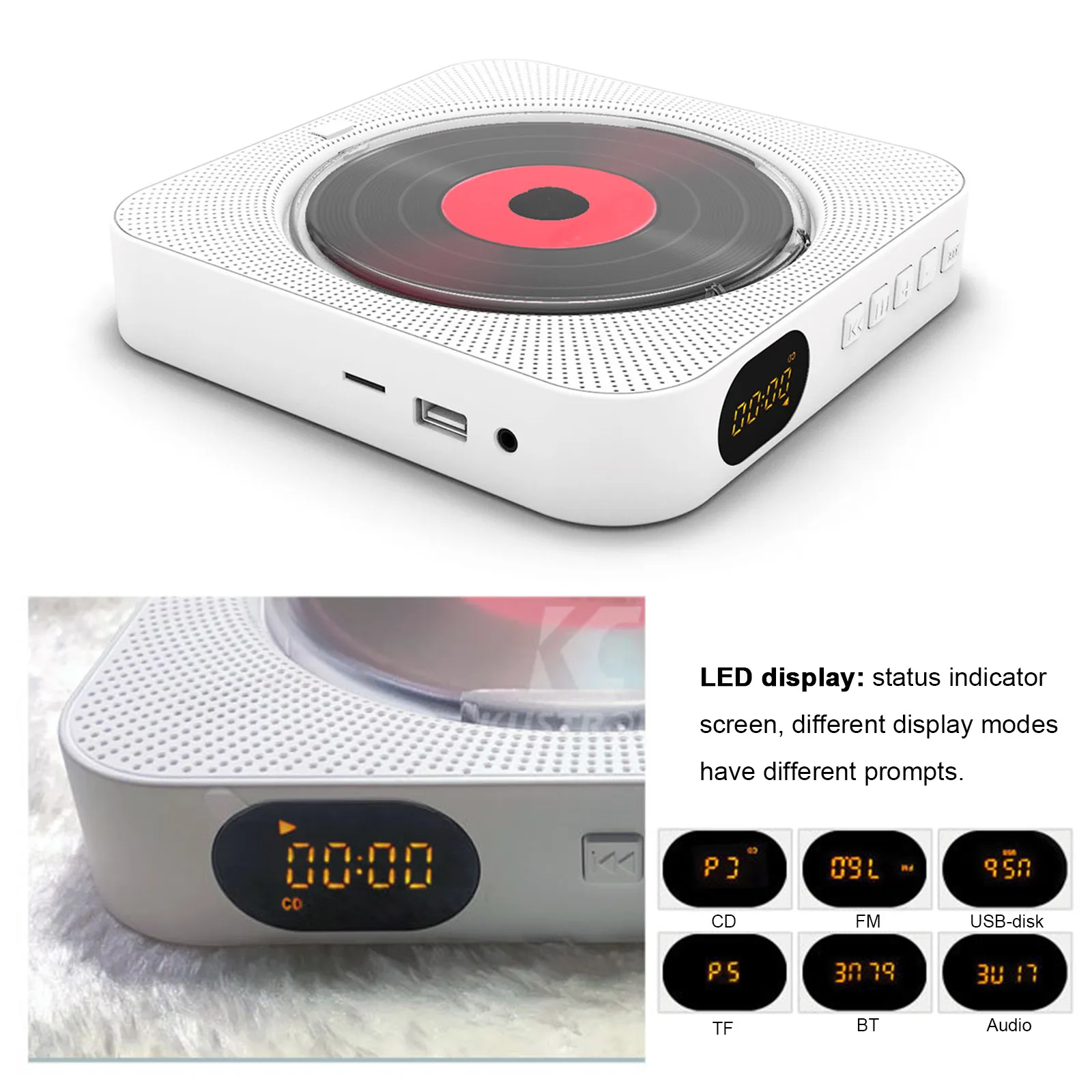 Portable Wall-mounted CD Player Bluetooth Speaker+LED Display Portable Home Audio Boombox With Remote Control Radio