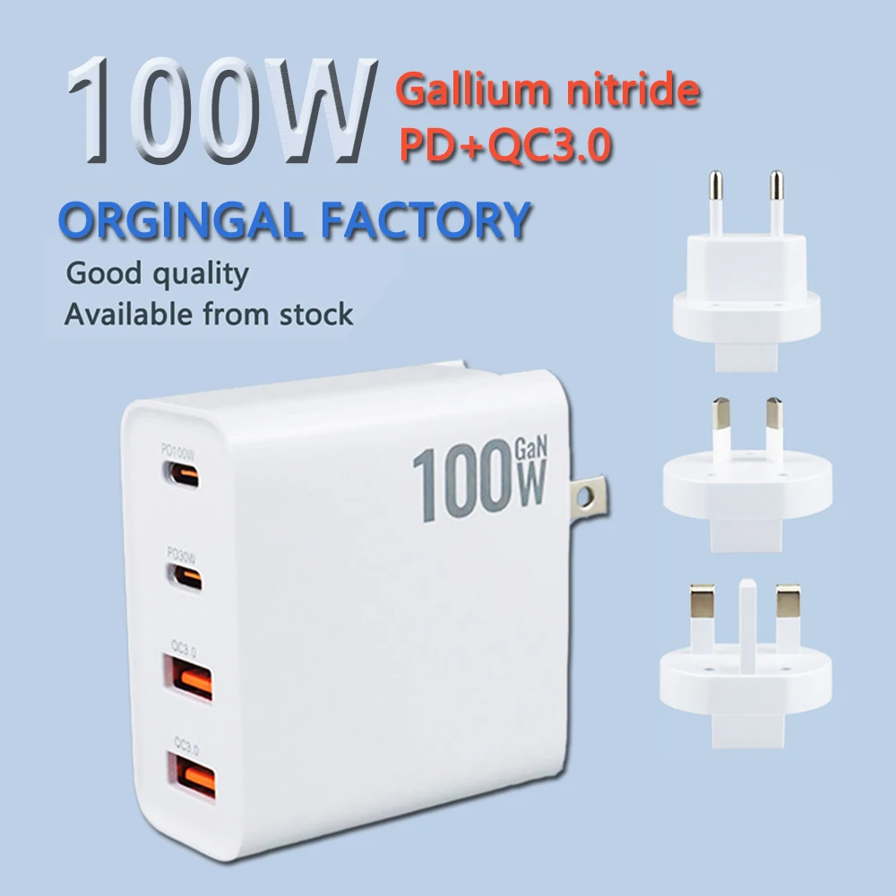 100W GaN Charger Convertible Plug Folding Pin QC3.0 USB-A and Dual PD for Notebook or Mobile Phone High Power Fast Charge