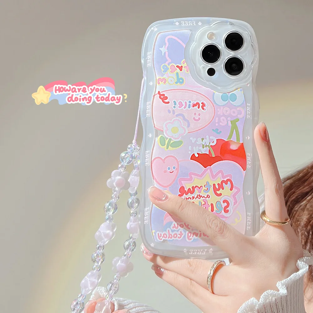 

Cartoon Pink Graffiti Cherry Phone Case with Lanyard for iPhone 14 13 12 11 Pro Mini XS Max 8 7 Plus X SE 2020 XR Soft Cover