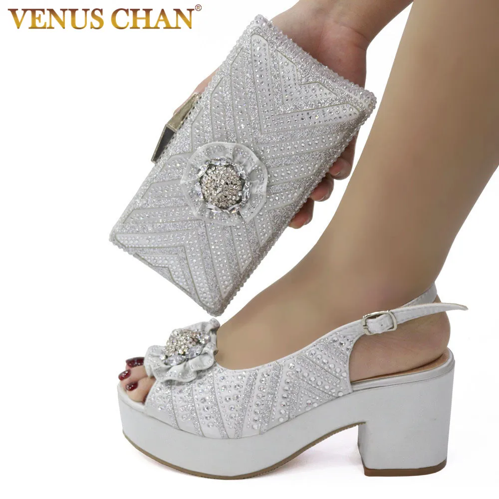 Venus Chan Lastest Noble and Elegangt Fashionable Special Style Ladies Shoes and Bag Set in Silver Color for Party and Wedding