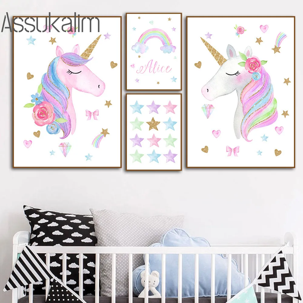 Настенные плакаты с изображением радуги единорога Картина на холсте для детской