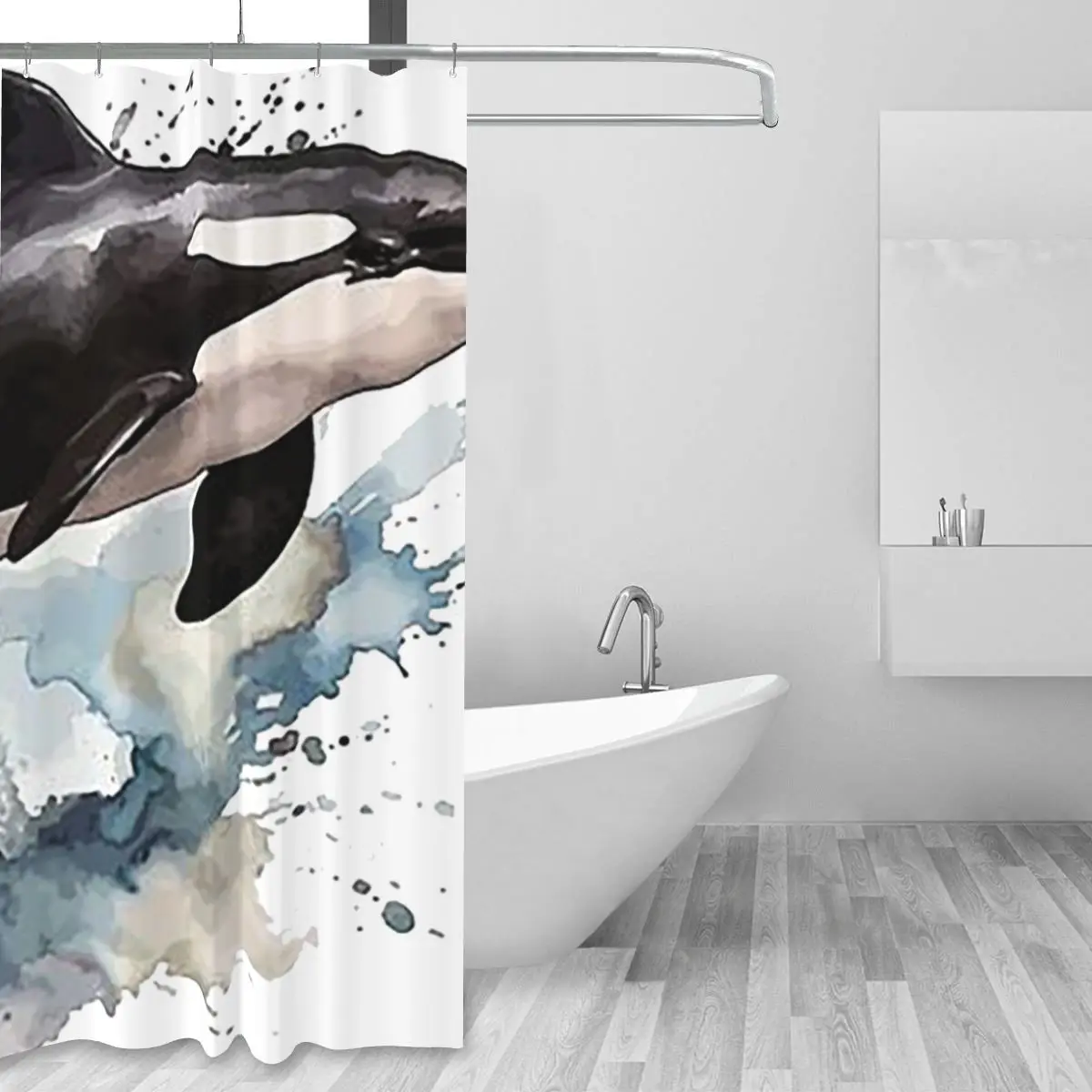 Фото Занавеска для душа Orca Aquatic Sea Ocean Killer Whale, полиэстеровая, водонепроницаемая, для ванной комнаты, с крючками №5