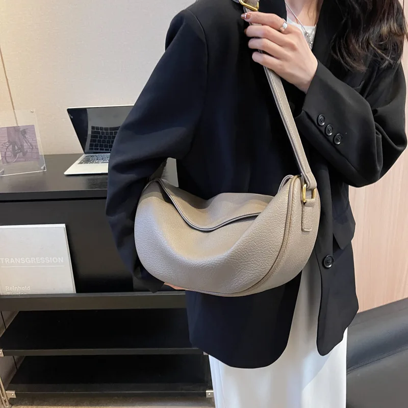 Soft Leather Texture Single Shoulder Crossbody Bag Fashion Trendy Wide Shoulder Strap Dumpling Underarm Bag Casual Chest Satchel