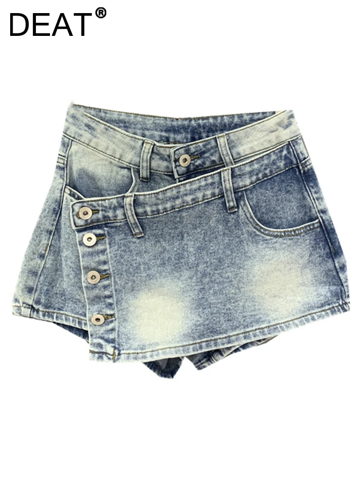 

DEAT Fashion Women's Denim Shorts Mid Waist Irregular Single Breasted Washed Light Blue Short Jeans Autumn 2023 New Tide 7AB363