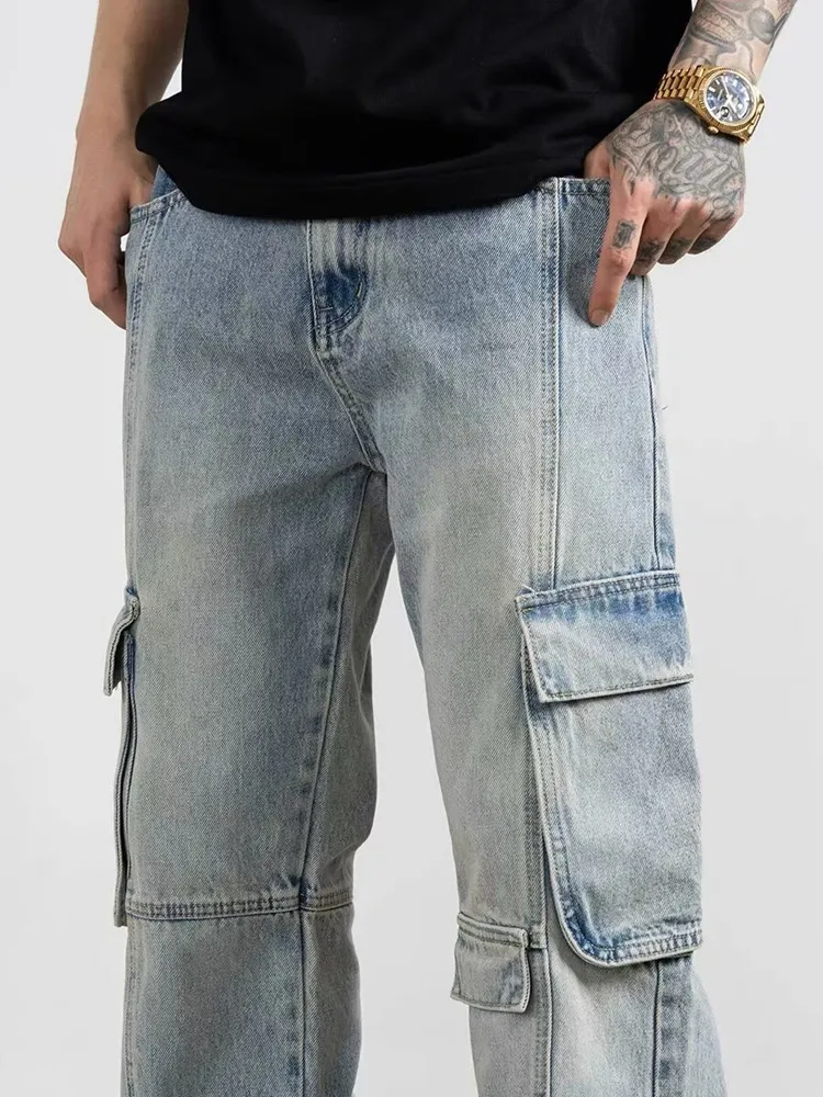 Мужские джинсовые брюки в стиле 90-х синие облегающие брюки-карго из денима с