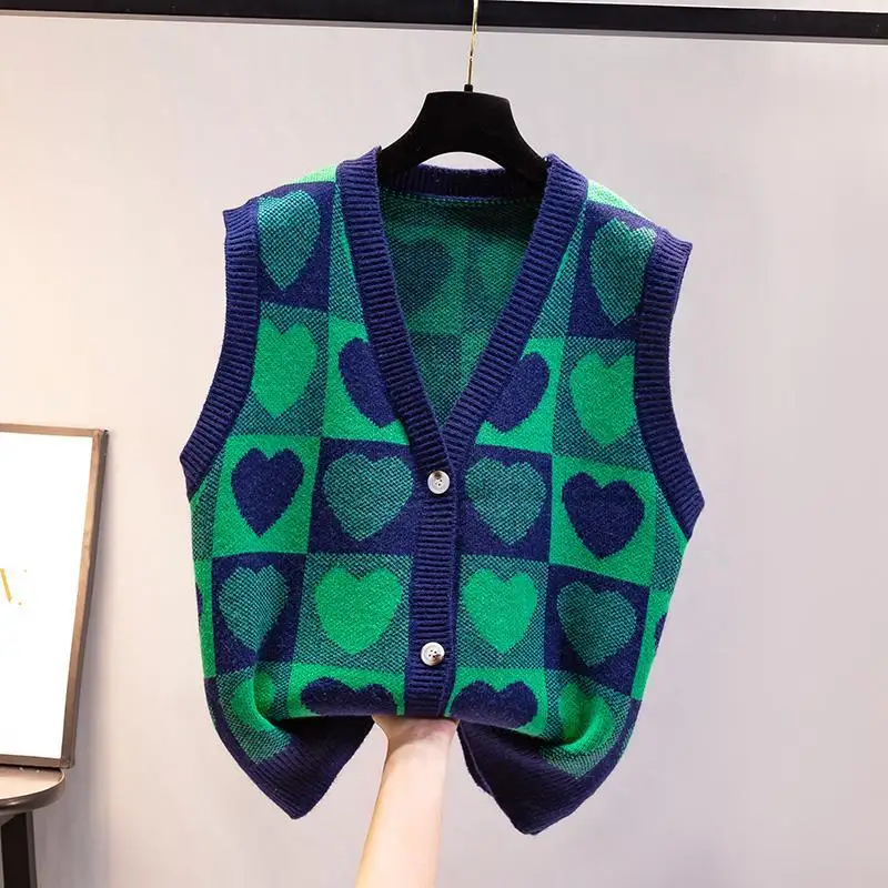 

Women Spring Autumn Vintage Sleeveless Knitted Crop Tops Cardigans Female Patchwork Casual Print V-neck Chic Sweaters Vest E40