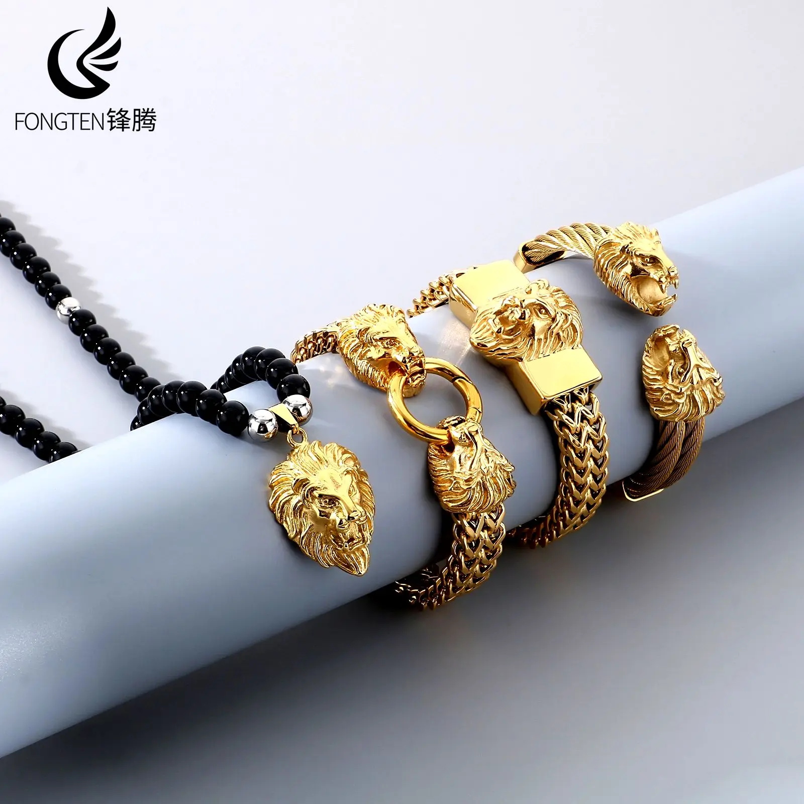 Fongten Ретро голова льва мужской браслет хип-хоп цепочка на ключицу из нержавеющей