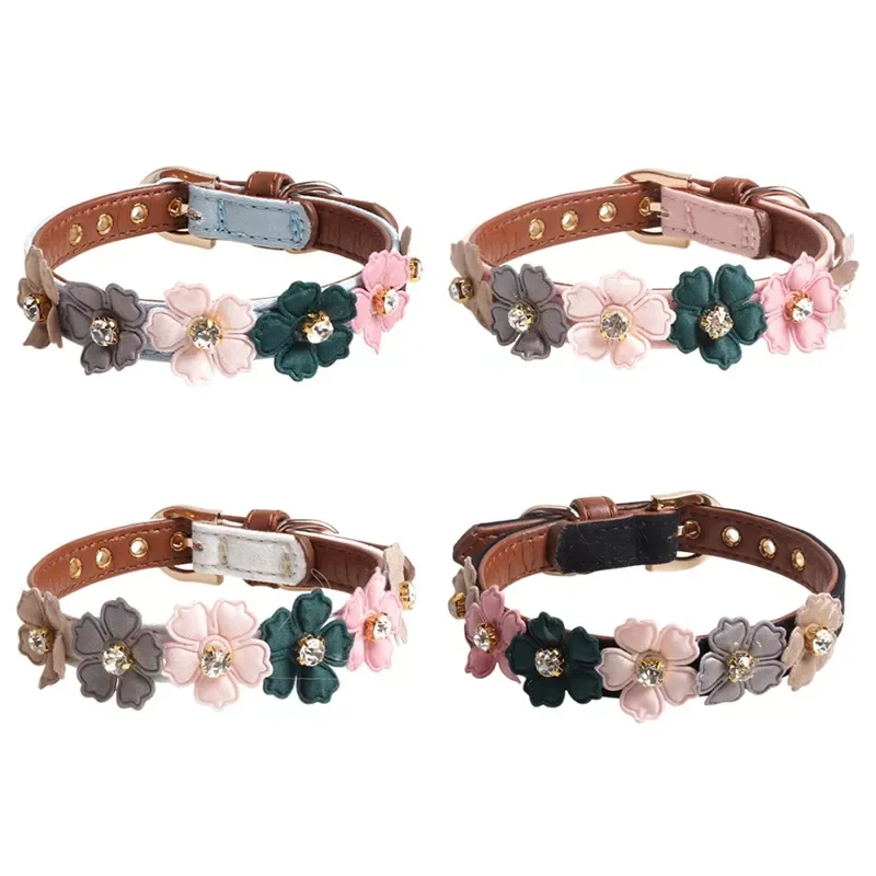 

Flowers Dog Collar Small Dogs Cat Princess Necklace Pet Products Cute Shiny Diamonds PU Collar For Chihuahua Small Dogs #