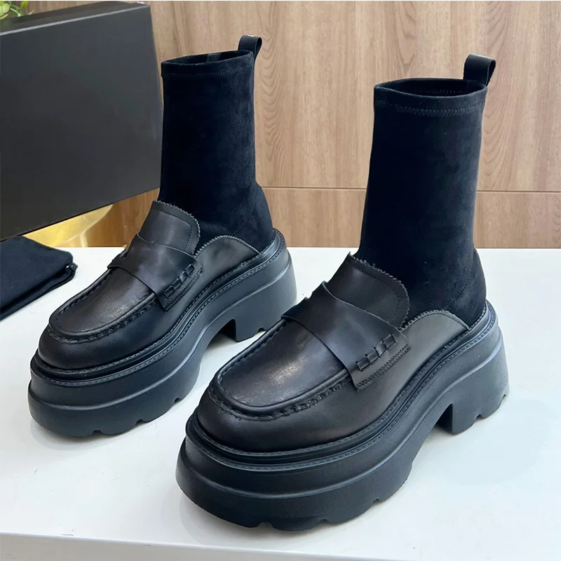

Лоферы женские эластичные на платформе, кожаные дизайнерские ботинки на толстой подошве, элегантные удобные мягкие ботильоны, черные