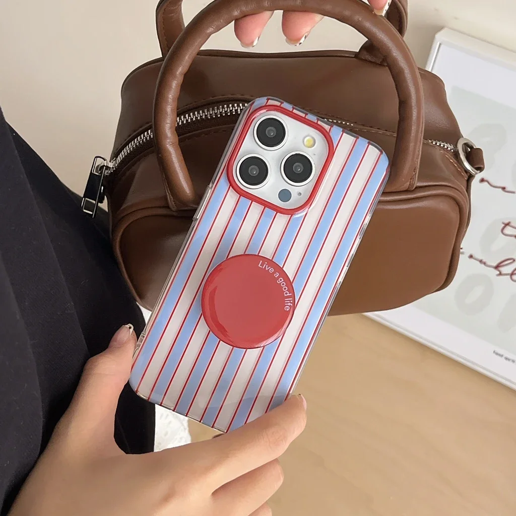 Круглый противоударный защитный чехол в сине-красную полоску с держателем для