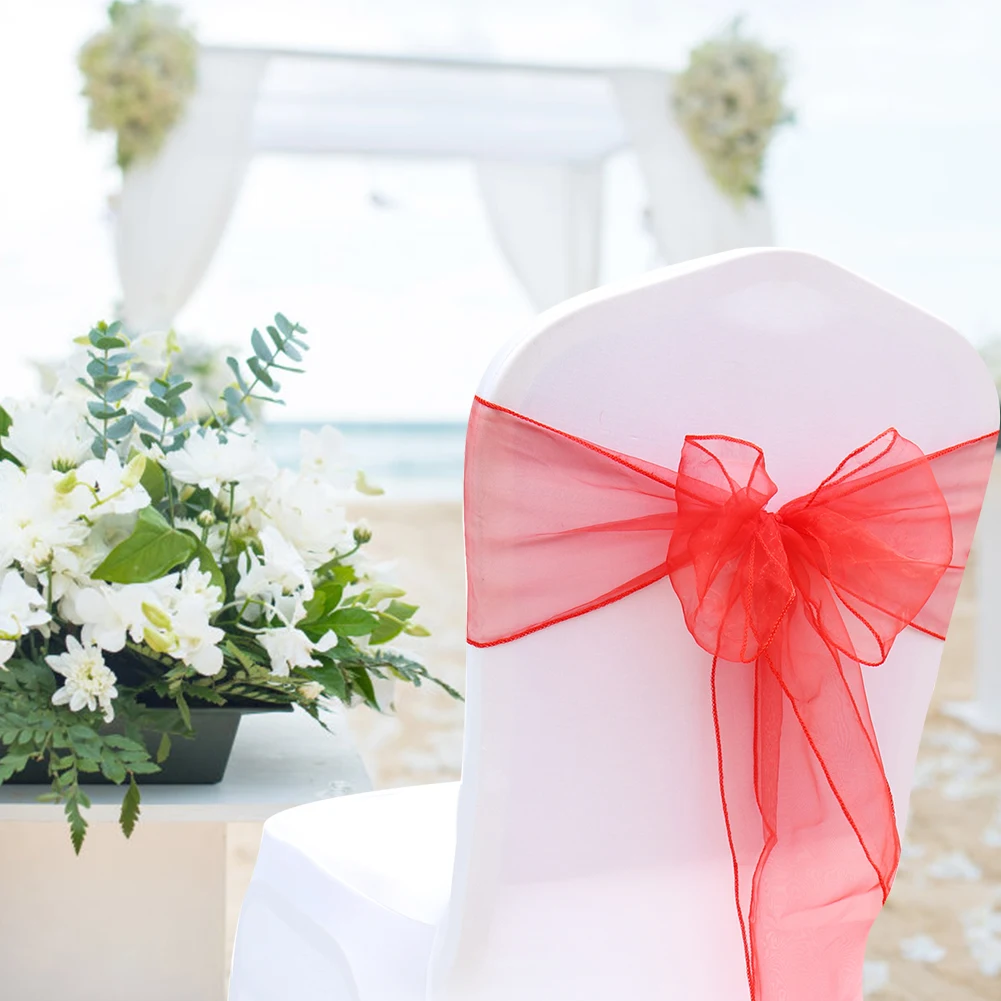 

25Pcs Organza Chair Sashes For Wedding Banquet Party Decoration Chair Bows Ties Cover Bands Event SuppliesWhite