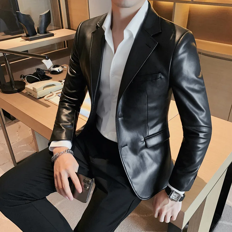 Autumn Winter Men's Leather Jacket Korean Version Slim Solid Color Leather Blazer Business Casual All-match Jacket Men Clothing