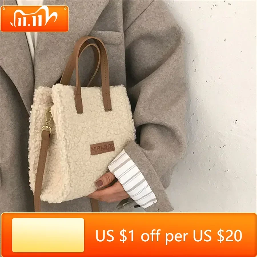 

2022 Women Winter Shoulder Bag Lamb Wool Warm Soft Autumn Ins Square Cross-body Portable Casual Beige Khaki Girls Preppy Style