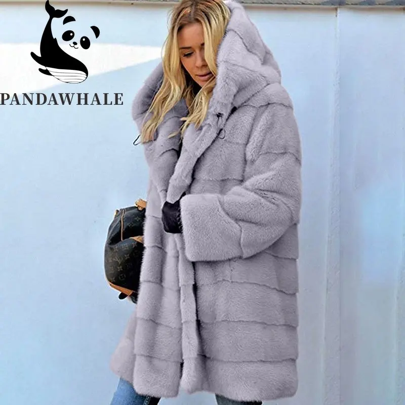 European American Long Faux Fur Coat Solid Loose Plush Hooded Autumn Winter Jacket Women 2022 Warm Streetwear Famale Clothing