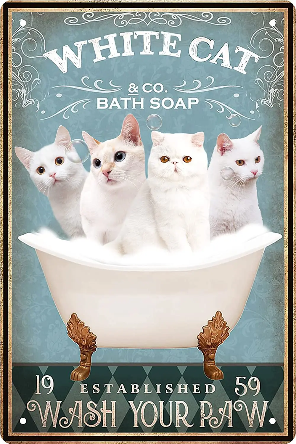 

Funny White Cat Decor Vintage Bathroom and Bathtub Metal Tin Sign Decor Gift Farm Home Bar Bathroom Retro Wall Art Poster Sign