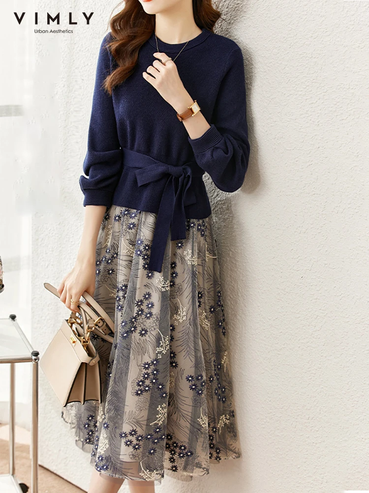 

Vimly Korean Style Outfits Women Spring 2023 Sweater Matching Sets Vintage Lantern Sleeve Knit Tops and Mesh Skirt Two Piece Set