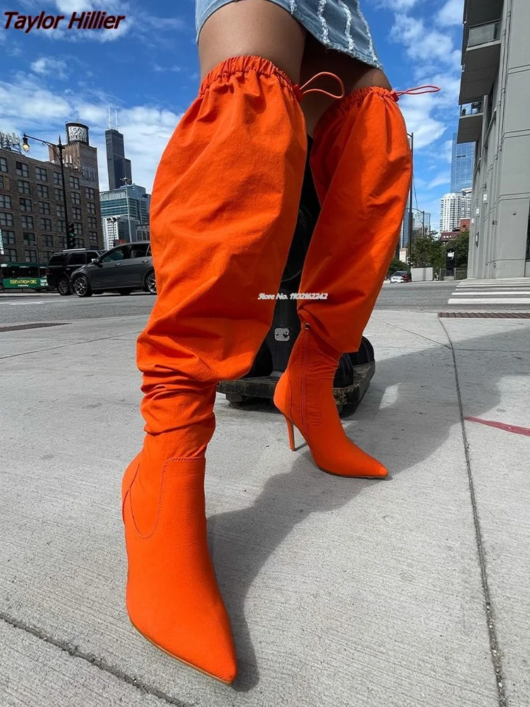 

Осенне-зимние свободные Сапоги выше колена пикантные однотонные остроносые на шпильке с эластичным ремешком модные женские сапоги 46