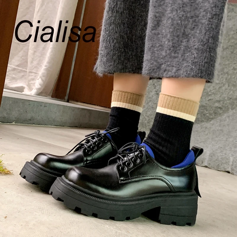 

Женские туфли на массивном каблуке Cialisa, весенние туфли из натуральной кожи с круглым носком и перекрестной шнуровкой, повседневные лоферы ...