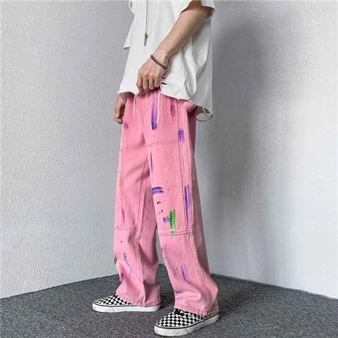 New Graffiti Splash Ink Jeans Men's Brand Clothing High Street Loose Straight-leg Pants Casual Trousers Fashion Men's Streetwear