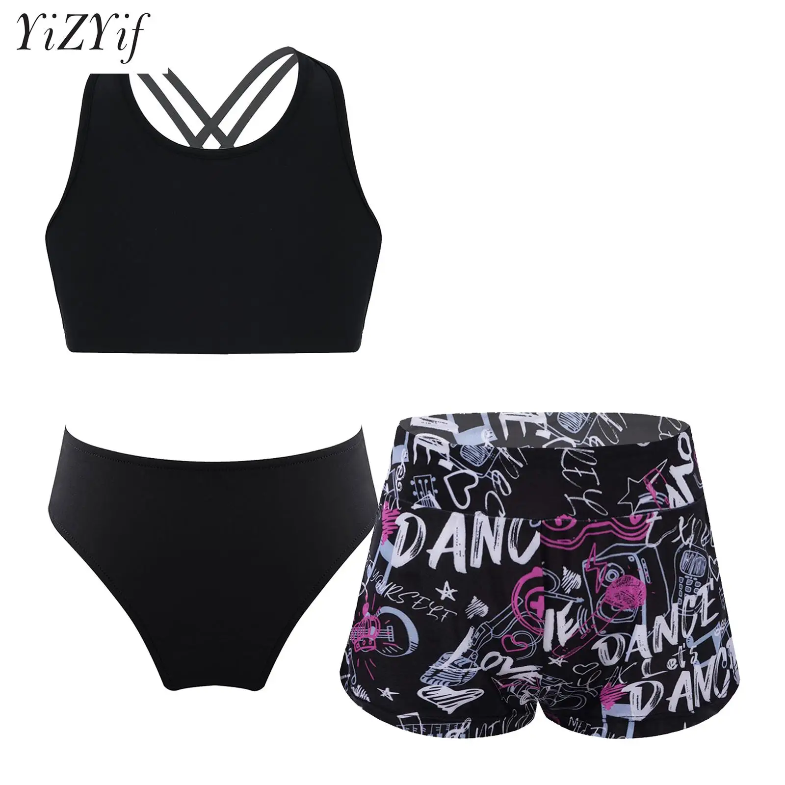 Kids Girls 3 Piece Tankini Swimwear Set Round Neck Crop Tank Top with Elastic Waistband Shorts and Briefs Sport Swimsuit Outfit