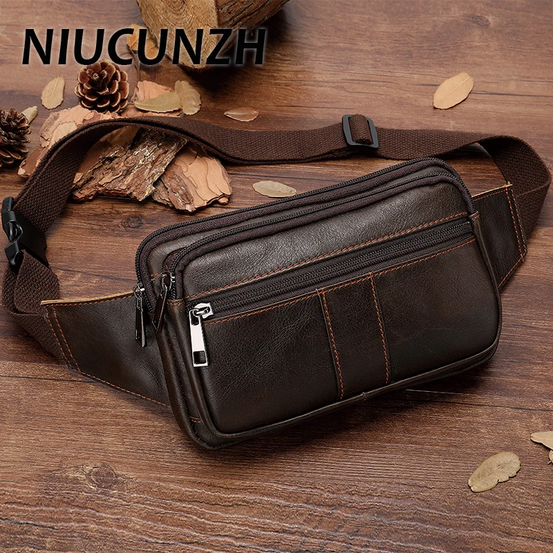 

NIUCUNZH Fashion Genuine Leather Waist Bag Cowhide Chest Pack Men’s Casual Waist Pack Fanny Pack Male Belt Pouch Hip Phone Bag