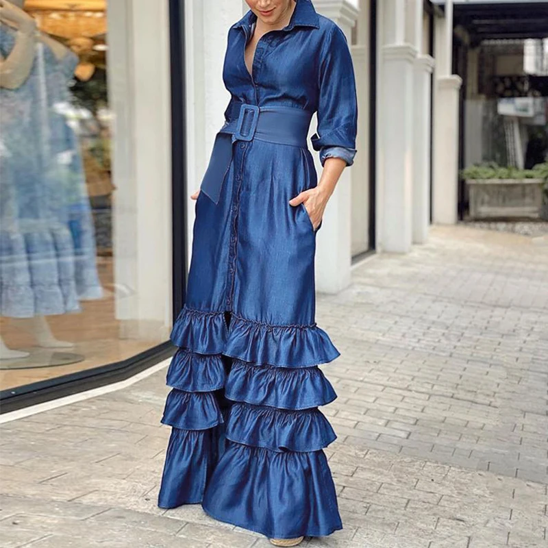 

Autumn Casual Solid Single Breasted Shirts Dress Women New Fashion Turn-down Collar Slit Dress Ladies Elegant Solid Ruffle Dress