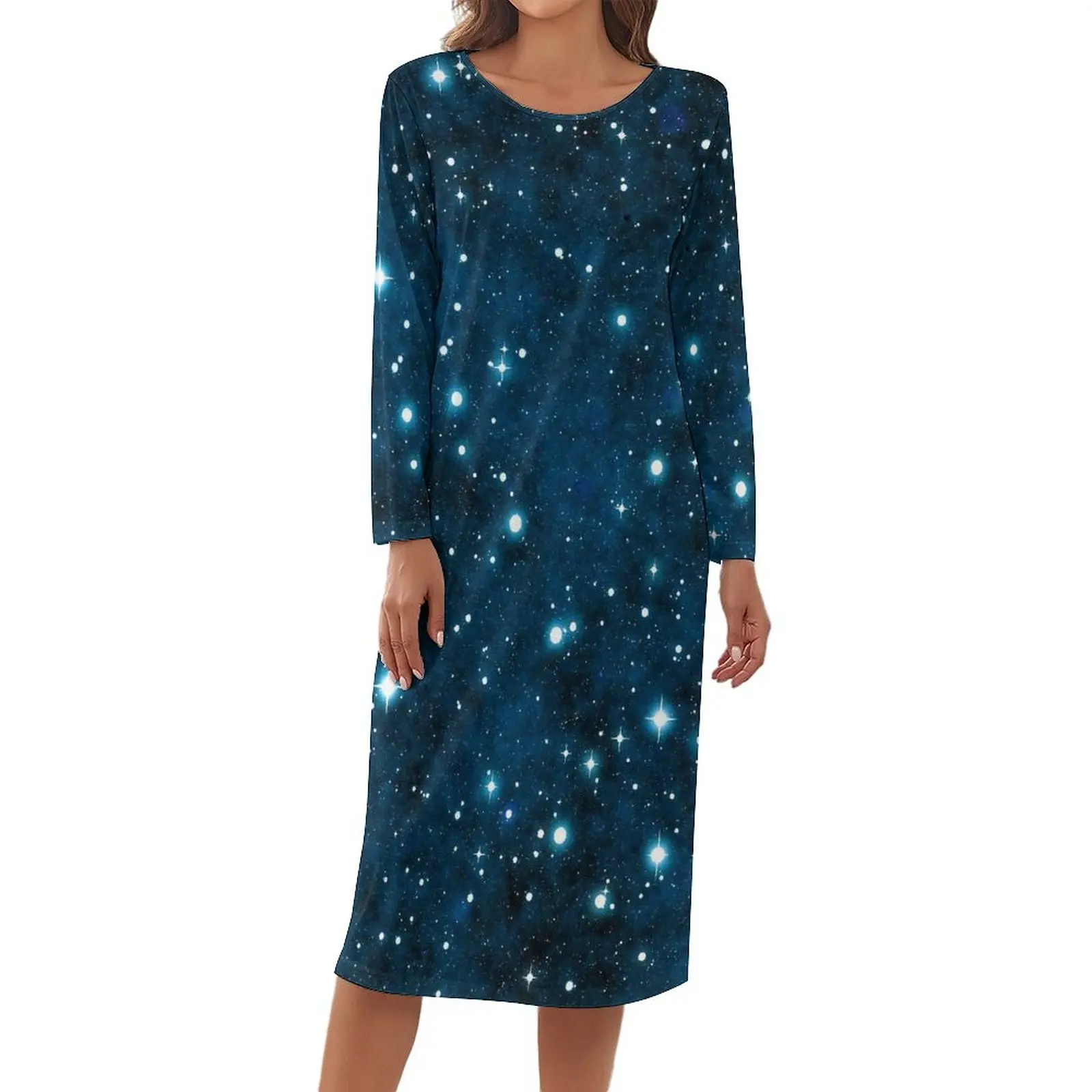 

Glitter Galaxy Pajamas Blue Sparkle Stars Elegant Dresses Cheap Long-Sleeve Print Sleepwear Woman Crewneck Casual Pajama