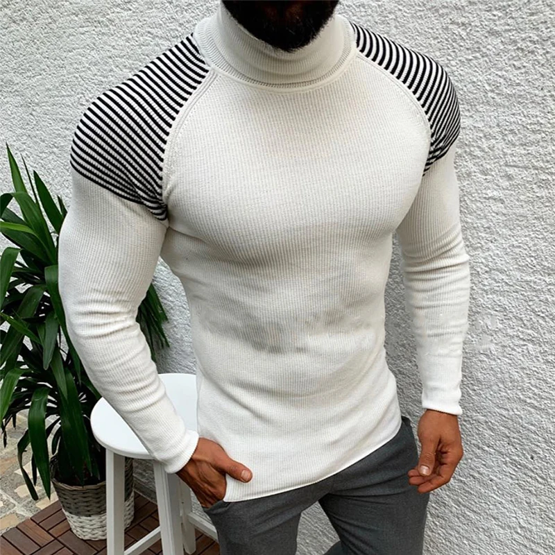 

Fashion Skinny Long Sleeve Sweater Tops Men Casual Slim Jumper Streetwear 2022 Autumn Winter Jacquard Turtleneck Knit Pullover