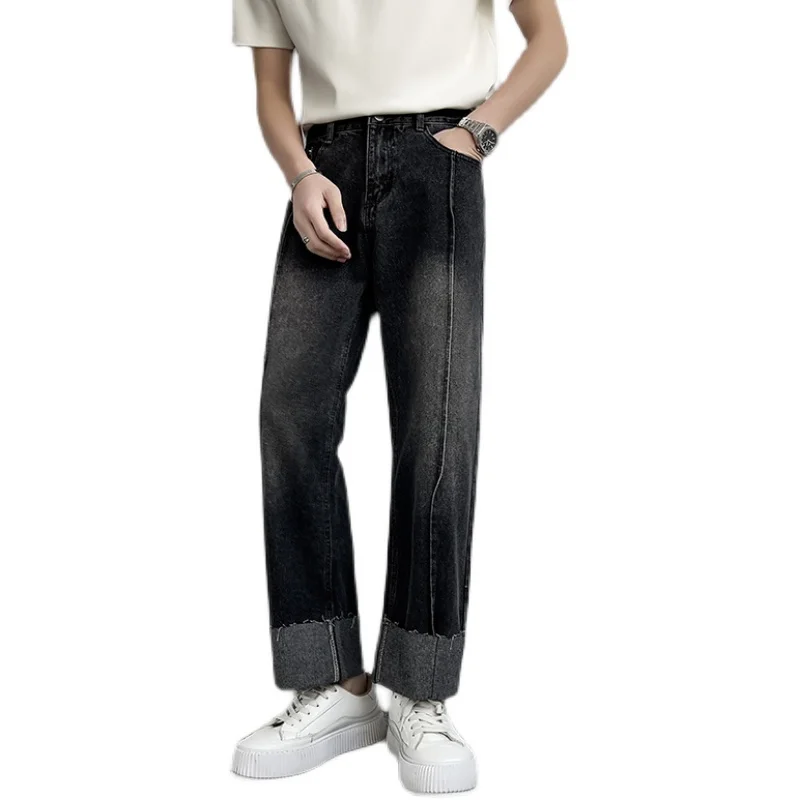 EOENKKY/large flanging Men's Jeans Pants Casual Vintage Baggy Clothing Straight Leg Trousers Korean Fashion Man Oversize Pants