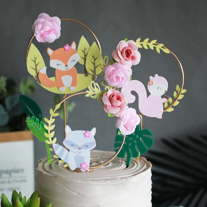 

Beautiful Forest Animal Theme Cake Decoration Fox Squirrel Flower Wreath Garland Topper Cake Child Birthday Party Supplies