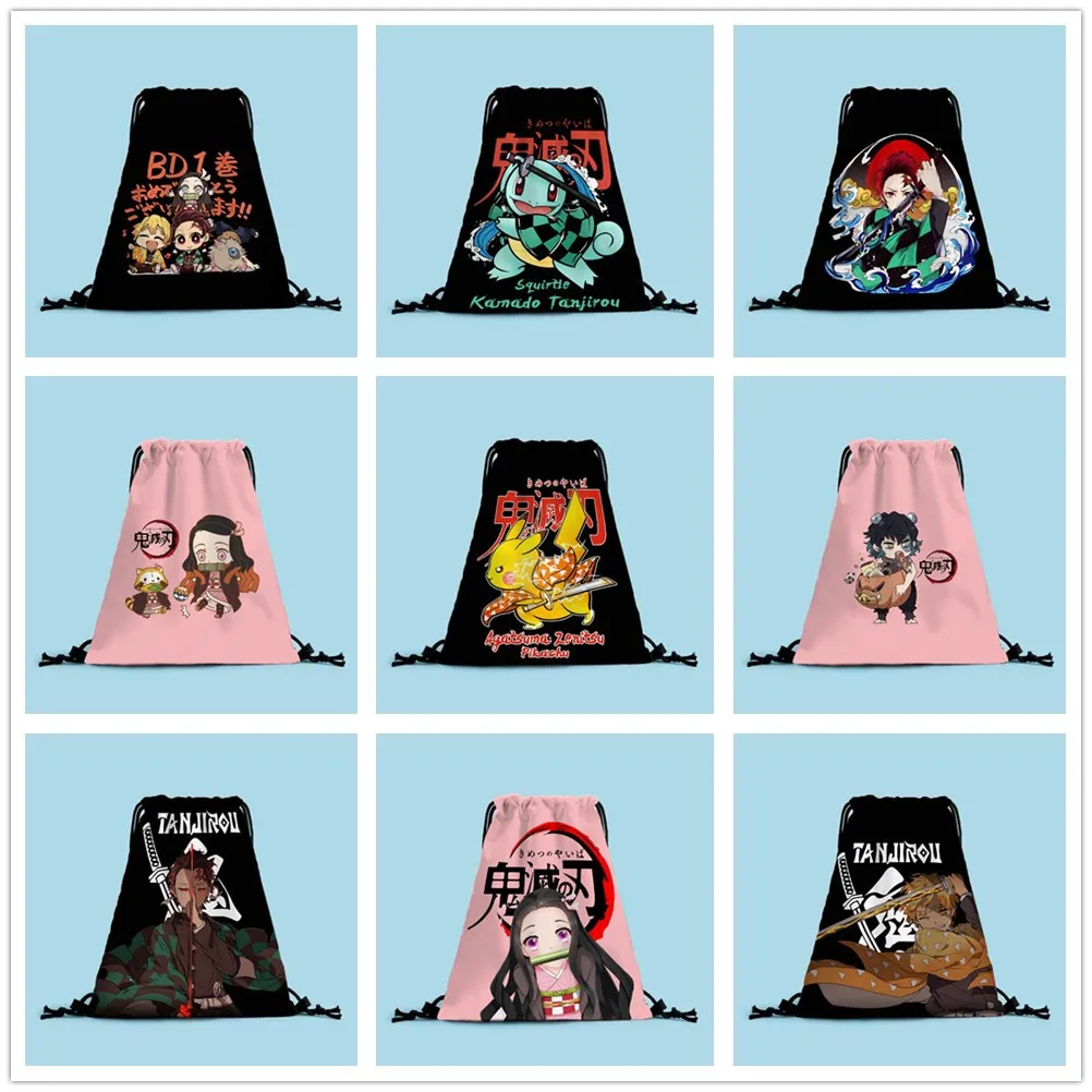 

Anime Periphery Demon Slayer Bundle Pocket Polyester Drawstring Bag Student Portable Shopping Bag Holiday Gift Surprise Toy