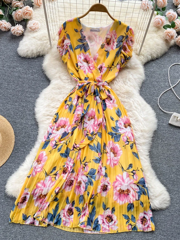 

Summer Bohemian Women Floral Pleated Dress Sexy V-Neck Sleeveless High Waist Ruffle Draped Beach Vestidos Female Vacation 2022