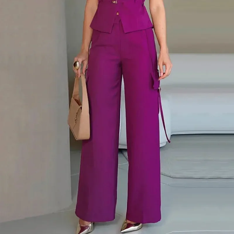 Модный новый топ без рукавов с лацканами и брюки однотонный повседневный костюм