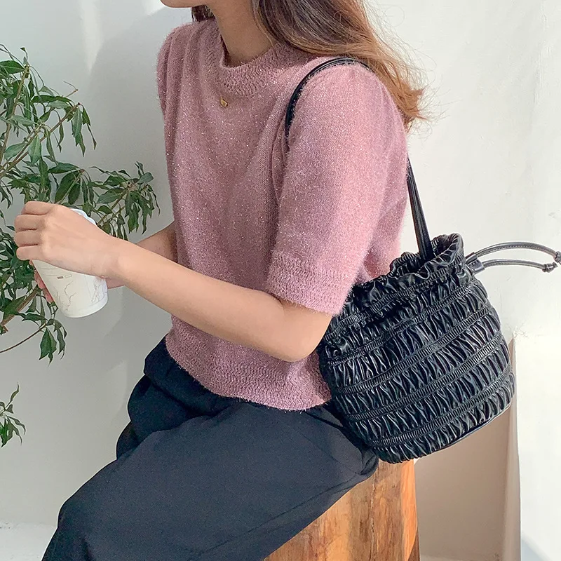 Richme Fashion Wrinkled Women's Bag 2023 Trend New Design Soft PU Ladies Bucket Shoulder Bag Korean Style Elegant Bolso Mujer