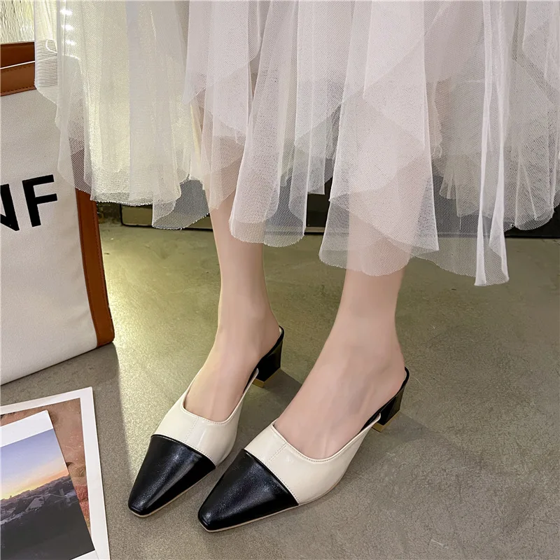 

Shoes Low Pointed Toe Slippers Casual Square heel Slides Women Heels Luxury Block Cover High Summer Basic Rubber Fabric Rome PU