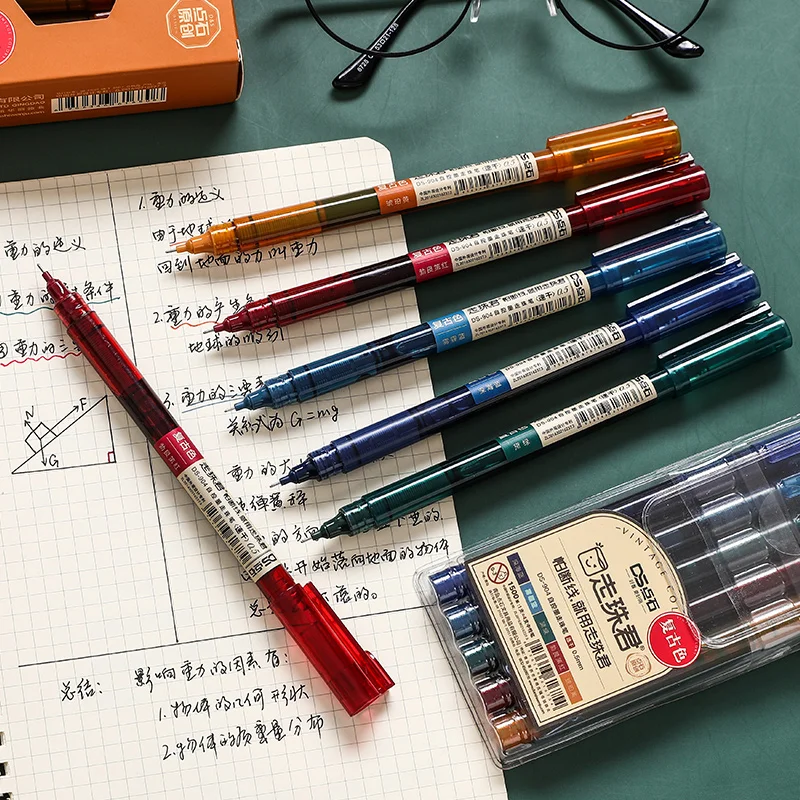 5 pcs High Capacity Straight Liquid Gel Pen DS-904 Quick Dry Vintage Colour Ink 10 Colors Set 0.5mm Needle Shaped Nib Handbook |