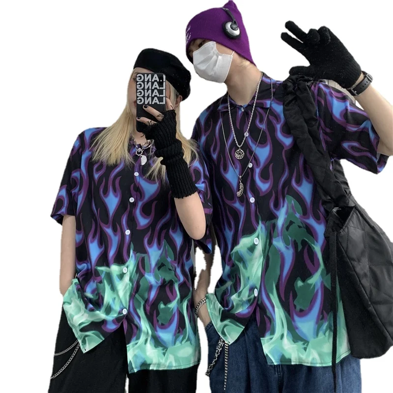 

2022 New EBAIHUI Flame Print Shirts Mens Womens Short Sleeves Gothic Harajuku Shirts Unisex Streetwear Contrast Couple Tops